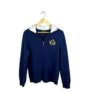 VINTAGE Ralph Lauren Women’s Quarter Zip Gold Crest Knit Sweater Navy XL